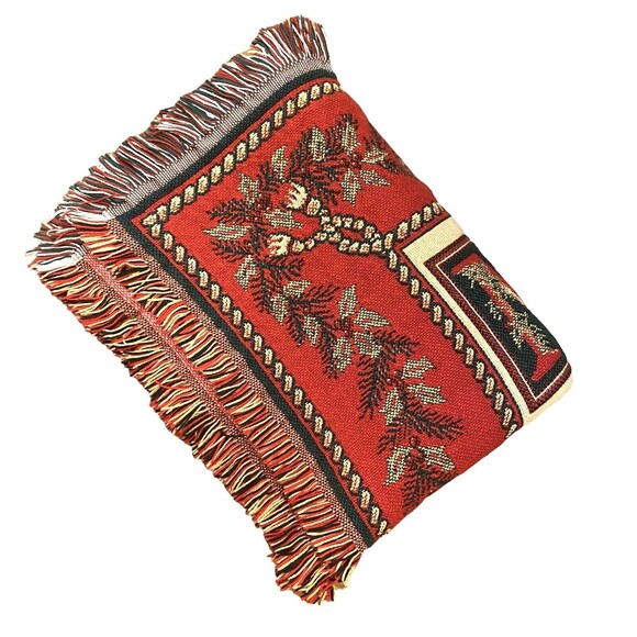 Christmas Tapestry Throw Blanket Goodwin Weavers 70x47 Fringe Red Green USA Made - Picture 16 of 16